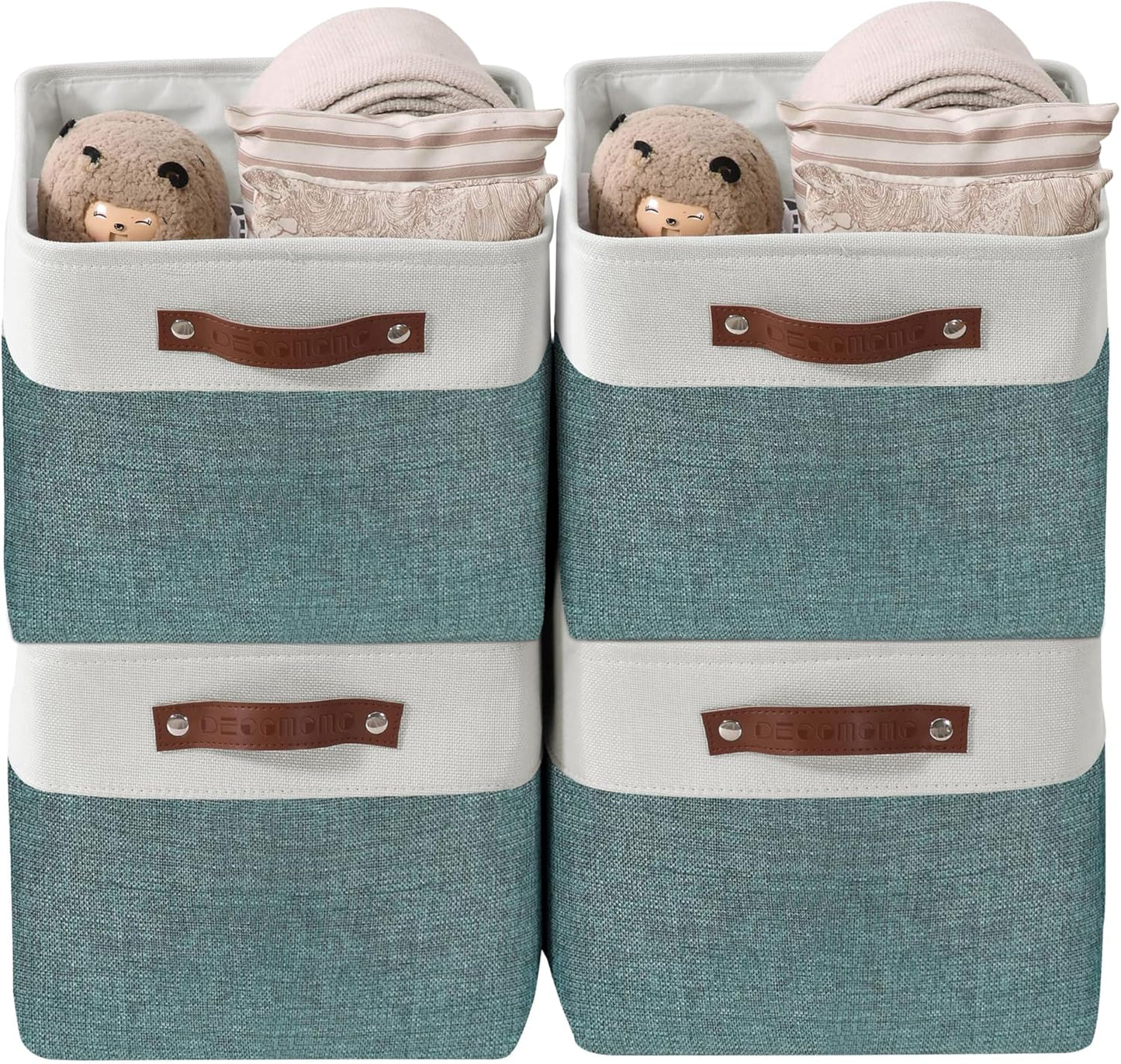 DECOMOMO Storage Bins Fabric Storage Baskets for Shelves, Linen Closet Organization Toys Nursery (Green and White, Large - 4 Pack)
