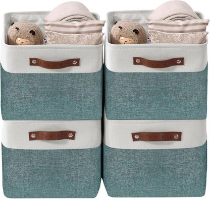 DECOMOMO Storage Bins Fabric Storage Baskets for Shelves, Linen Closet Organization Toys Nursery (Green and White, Large - 4 Pack)