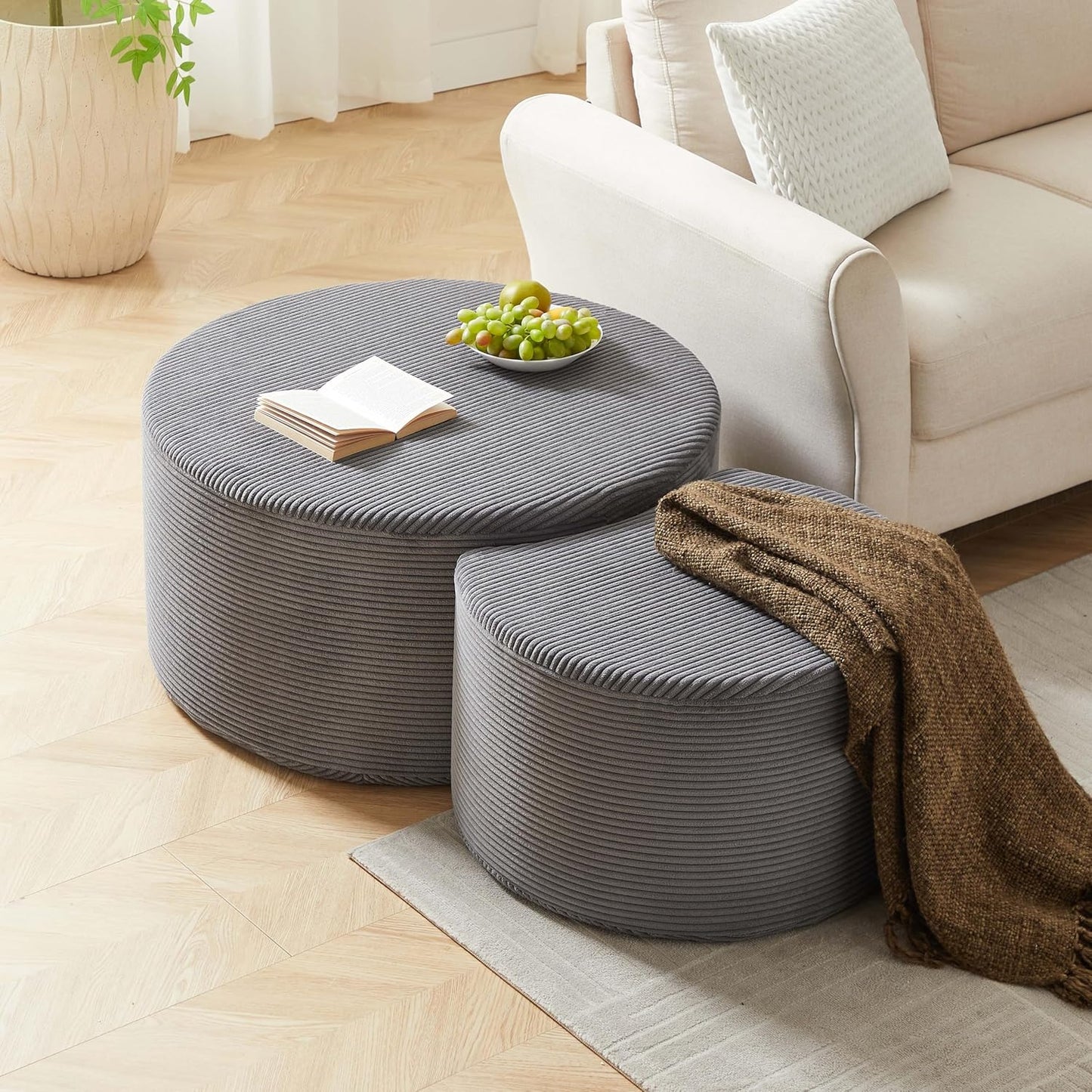 WILLIAMSPACE 50" Foam Nesting Coffee Table Set of 2, Modern Upholstered Round Center Tables for Living Room, Accent Side Tea Table Ottoman, No Assembly - Grey
