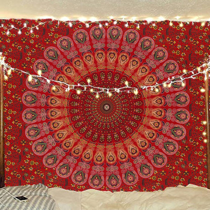 Bless International Handmade Indian hippie Bohemian Psychedelic Peacock Mandala Wall hanging College Dorm Beach Throws Table Cloth Bedding Tapestry (Golden Red, Medium(54x60Inches)(137x152cms))