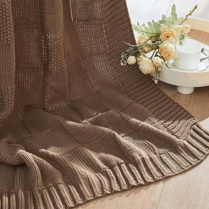 CozeCube Check Knit Throw Blanket, Light Brown Checkered Throw for Couch, Decorative Christmas Soft Cozy Warm Knitted Blanket for Bed Sofa Living Room, 50"X60"