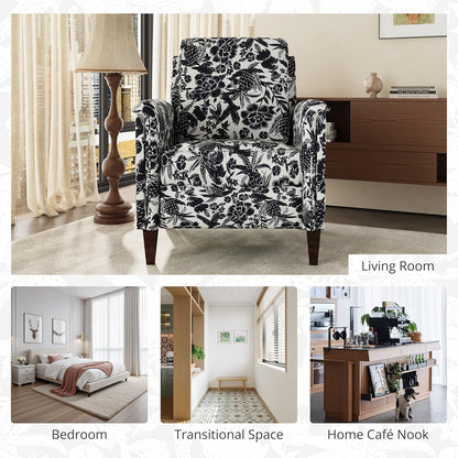Floral Accent Chair, High Back Upholstered Armchair with Solid Wooden Legs, Padded Armrest and Removable Comfortable Cushioned Seat Single Sofa for Living Room, Bedroom, Black