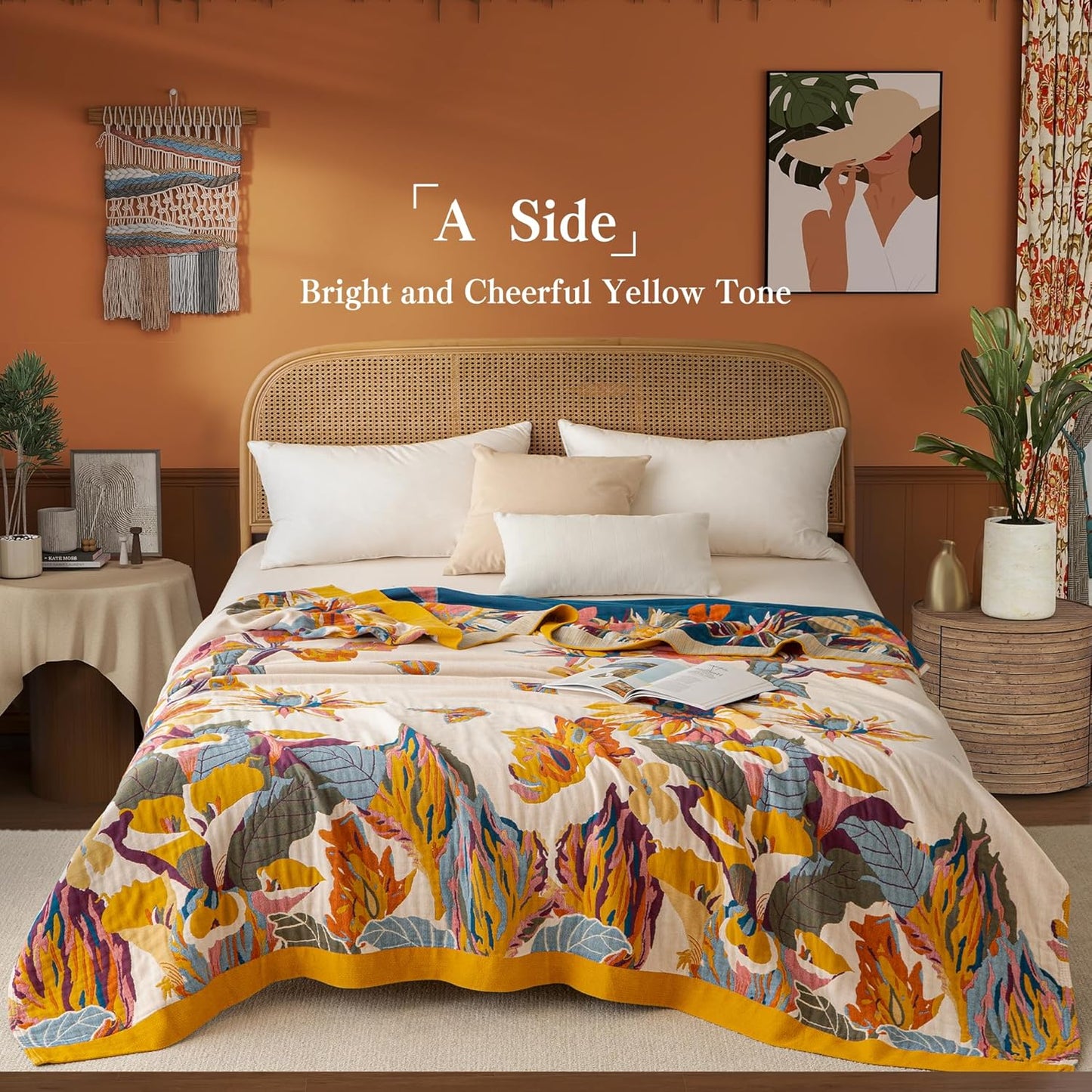 Boho Throw Blanket Queen Size, Oversized Soft Cozy Cotton Muslin Quilt Blanket for Bed Decor, Floral Patterned Couch Sofa Chair Cover, Vintage Farmhouse Cottage Woven Blanket, Yellow&Blue