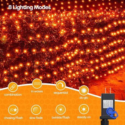 WBao Halloween Lights Outdoor 200LED F8 Big Bulbs, 8.4ft x 5.2ft Halloween Net Lights with 8 Modes, Timer, Connectable, Waterproof & Dark Green Wire for Lawn, Bushes, Trees Outdoor Decorations, Orange