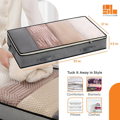 storageLAB Under Bed Storage Containers - Foldable Closet Organizer with Clear Top, Sturdy Handles - 7L Capacity Storage Box for Clothing, Comforter, Blanket, and Shoe - 2 Pack, Soft-Sided, Gray