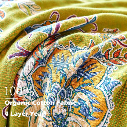 Boho Throw Blanket 80" x 90", 100% Organic Cotton Breathable Ultra Soft Bed Quilt Throw - All Season Luxury Floral Farmhouse Decor Blanket for Sofa Couch Chair and Gift. Green/Blue