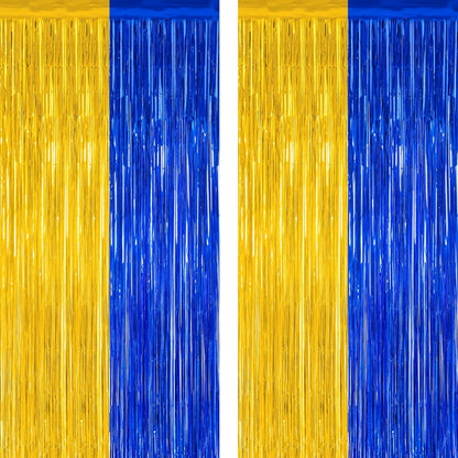 2 Pack Graduation Backdrop, 3.28 FT x 7.05 FT Class of 2025 Decorations, Blue Gold Fringe Curtains Tinsel Backdrop Party Streamer, Metallic Blue and Gold Graduation Decorations 2025