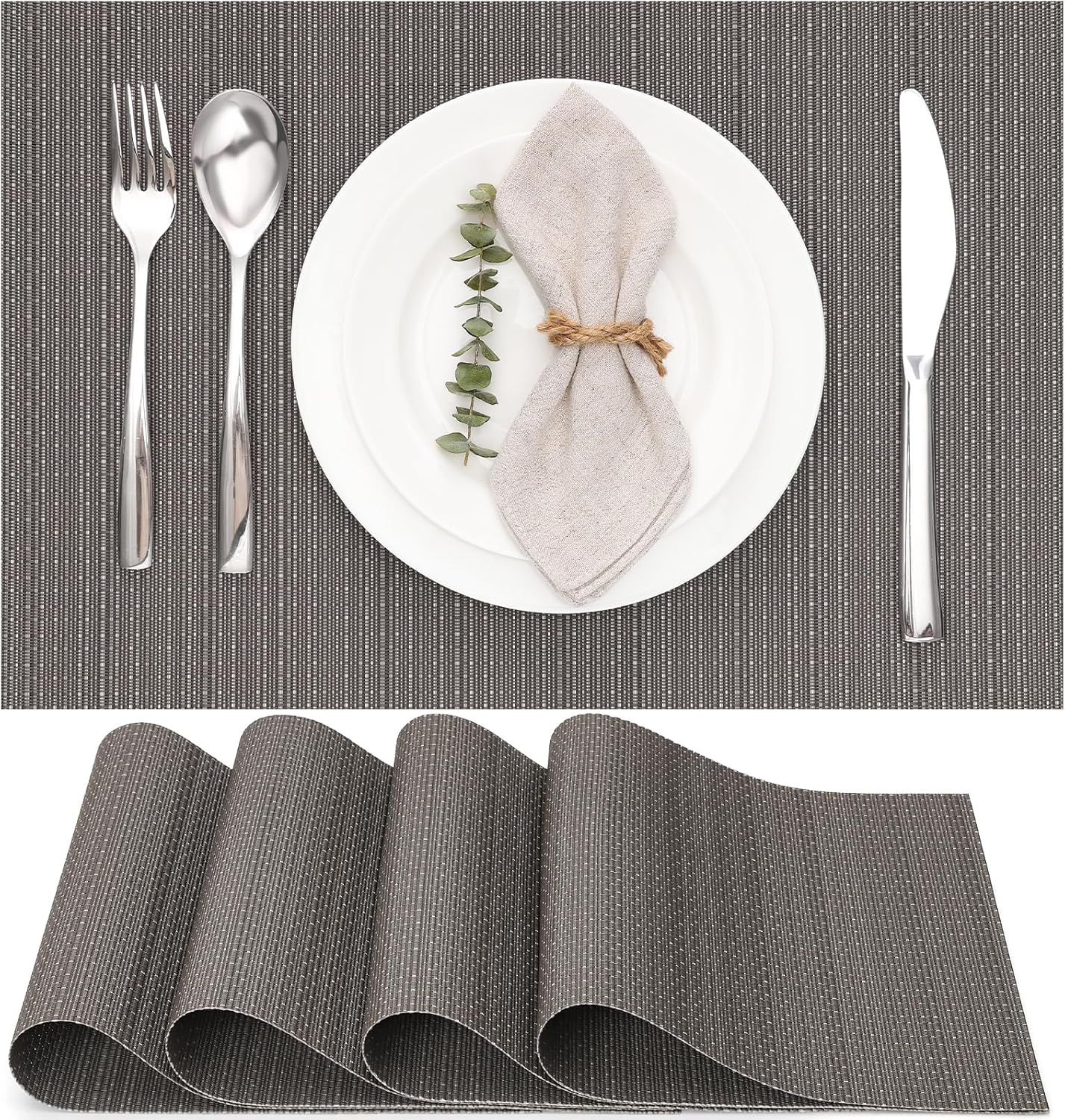 Myir JUN Placemats Set of 4, Vinyl Woven Placemats Place Mats Indoor Set of 4 Washable Table Mats Non-Slip Place mats for Dining Table (Dark Gray, Set of 4)