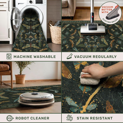 2x6 Entryway Runner Rug - Dark Green Kitchen Runners, Insect Floral Indoor Floor Décor, Washable Soft Non Slip with Rubber Backed