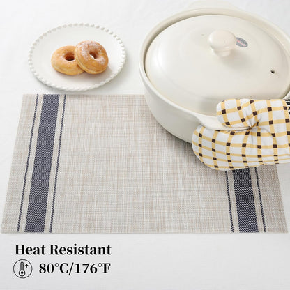 Leetaltree Khaki-Blue Placemats, Heat Resistant Non-Slip Place mats for Dining Table, Washable Durable PVC Vinyl Woven Table Mats (Set of 12)