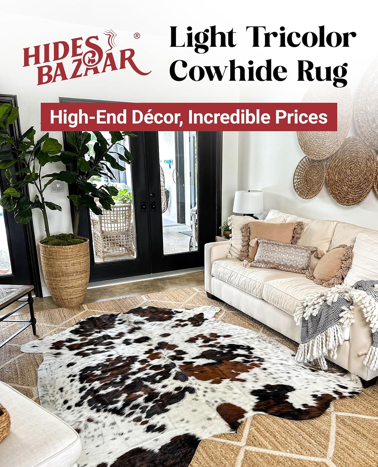 Light Tricolor Cowhide Rug Premium Cowhides Leather with Mixed White, Brown & Black Color Pattern - Natural Cowhide Rug for Office & Home Decor - Cow Hide Rugs 6x7-8 ft