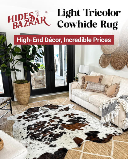Light Tricolor Cowhide Rug Premium Cowhides Leather with Mixed White, Brown & Black Color Pattern - Natural Cowhide Rug for Office & Home Decor - Cow Hide Rugs 6x7-8 ft