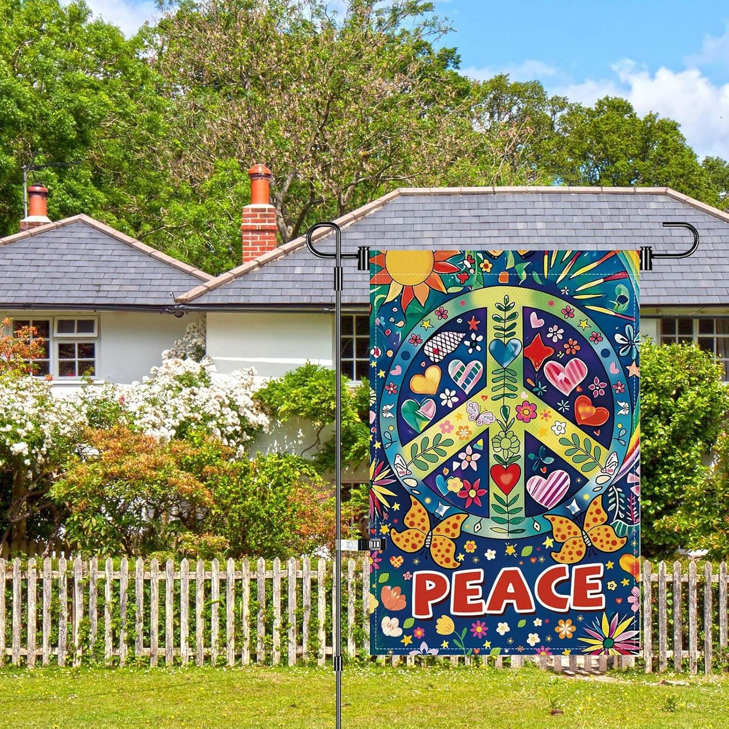 Peace Garden Flag Butterfly Flowers Art Garden Yard Flags Double Sided Colorful Farmhouse Holiday Decorative Yard Flag, Porch Outdoor Decoration Sign Banner (12X18INCH)