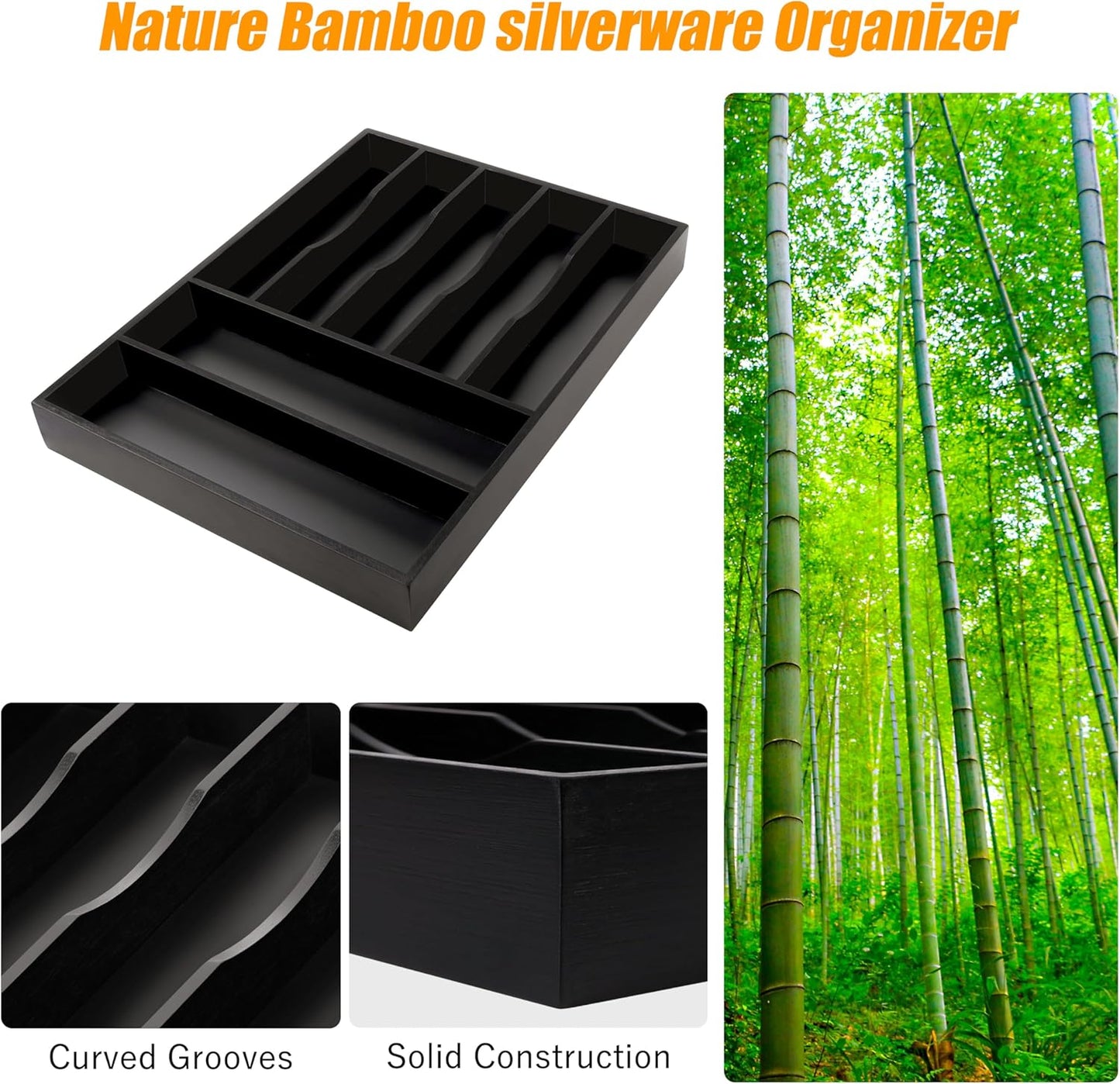 Bellsal Bamboo Silverware Drawer Organizer, Utensil Kitchen Drawer Organizer, Utensil Holder Cutlery Tray with Grooved Drawer Dividers for Kitchen Utensils and Flatware Bedroom Office (7 Slot, Black)
