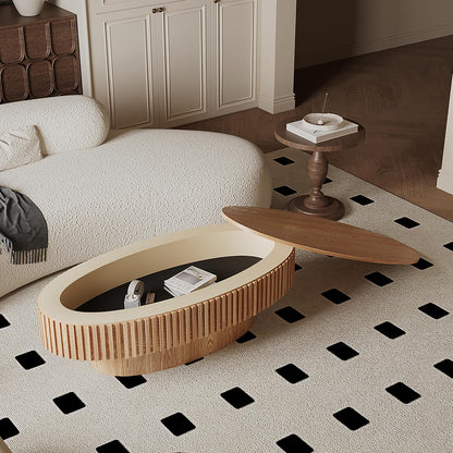 47.2''Oval Coffee Table with Storage, Mid Century Modern Drum Center Tables with Lid Fluted Solid Wood Side Coffee Table Pedestal Tea Table for Living Room, Bedroom, Apartmen-Natural