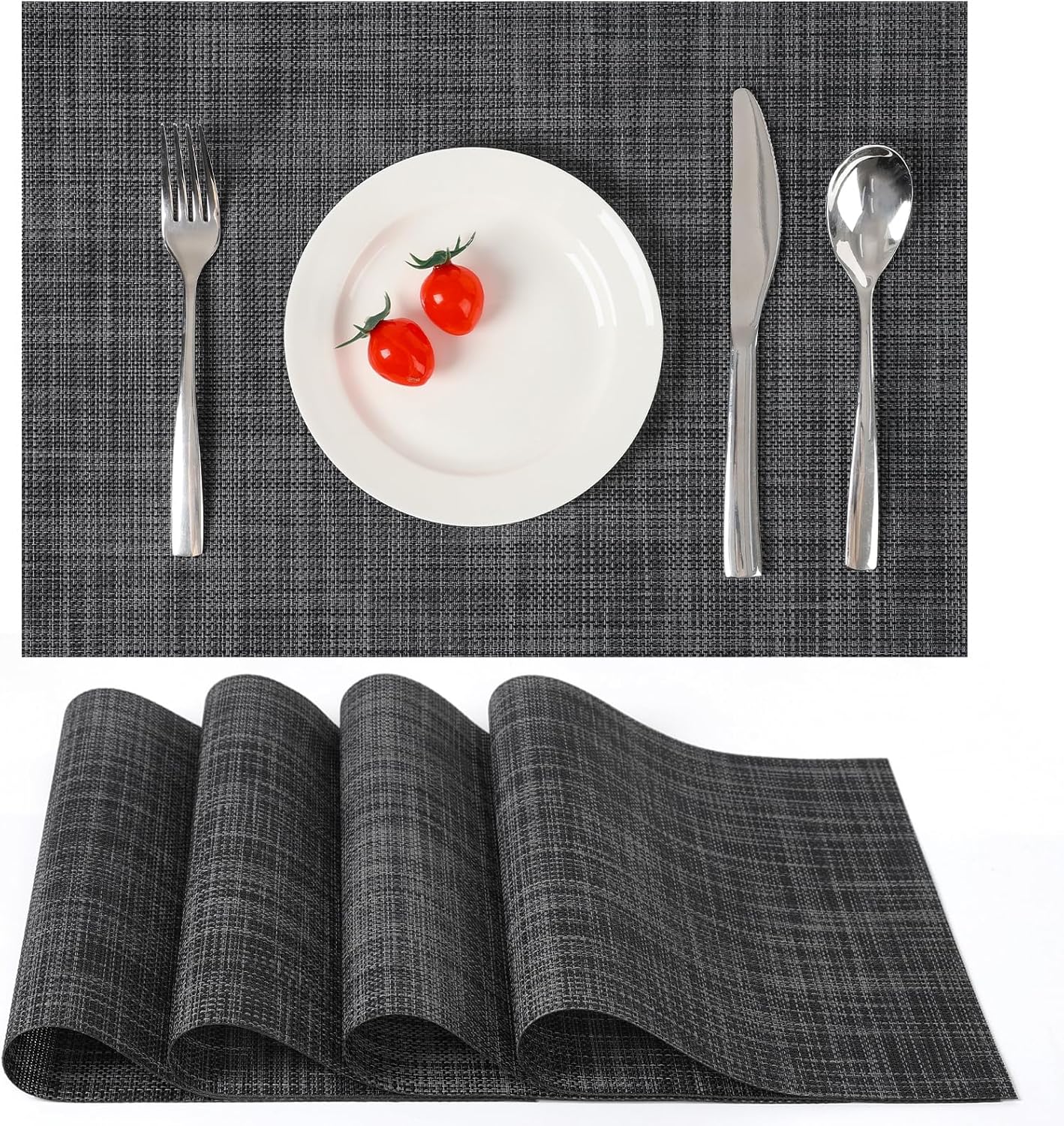 Myir JUN Placemats Set of 4, Vinyl Woven Placemats Place Mats Indoor Set of 4 Washable Table Mats Non-Slip Place mats for Dining Table (Dark Gray-Black, Set of 4)
