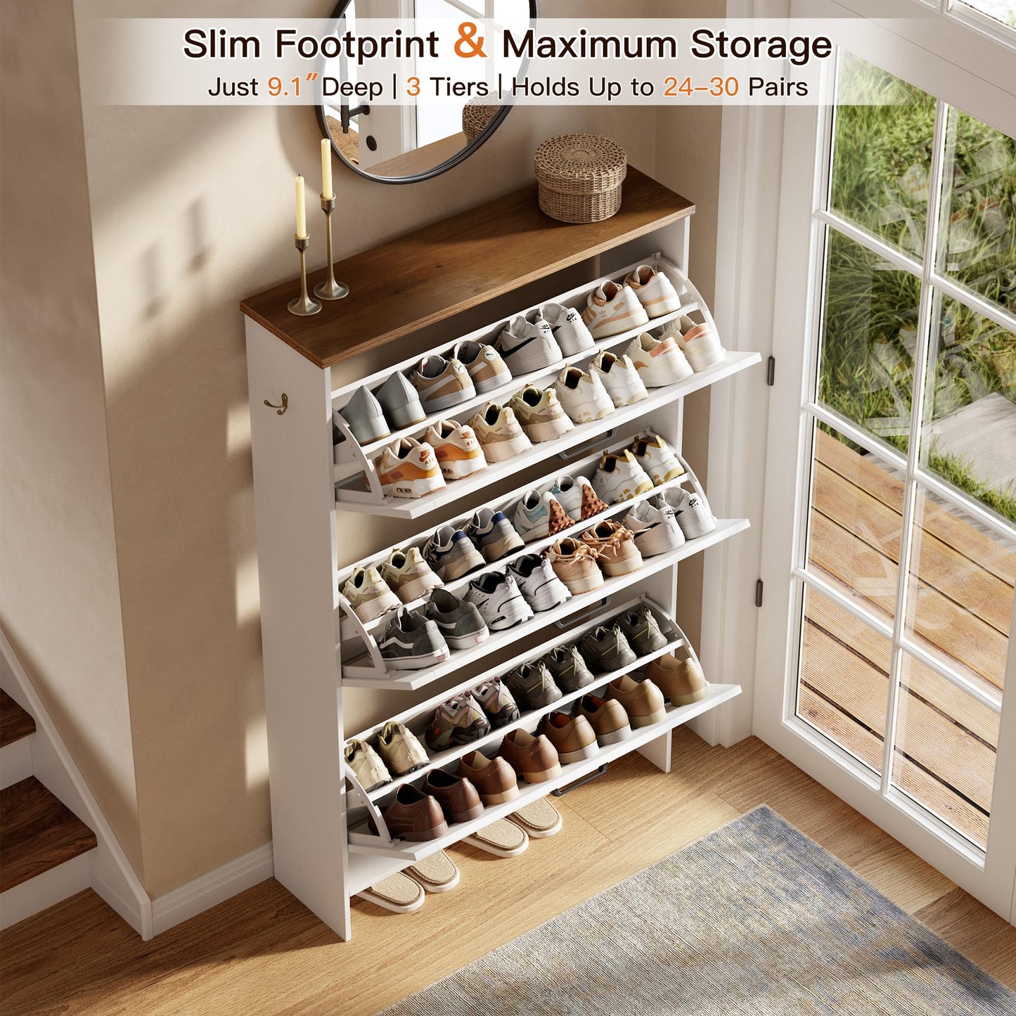 Nicetree Shoe Cabinet, 3 Flip Drawers & Adjustable Shelves, Ultra Slim Freestanding (9.1” Deep)