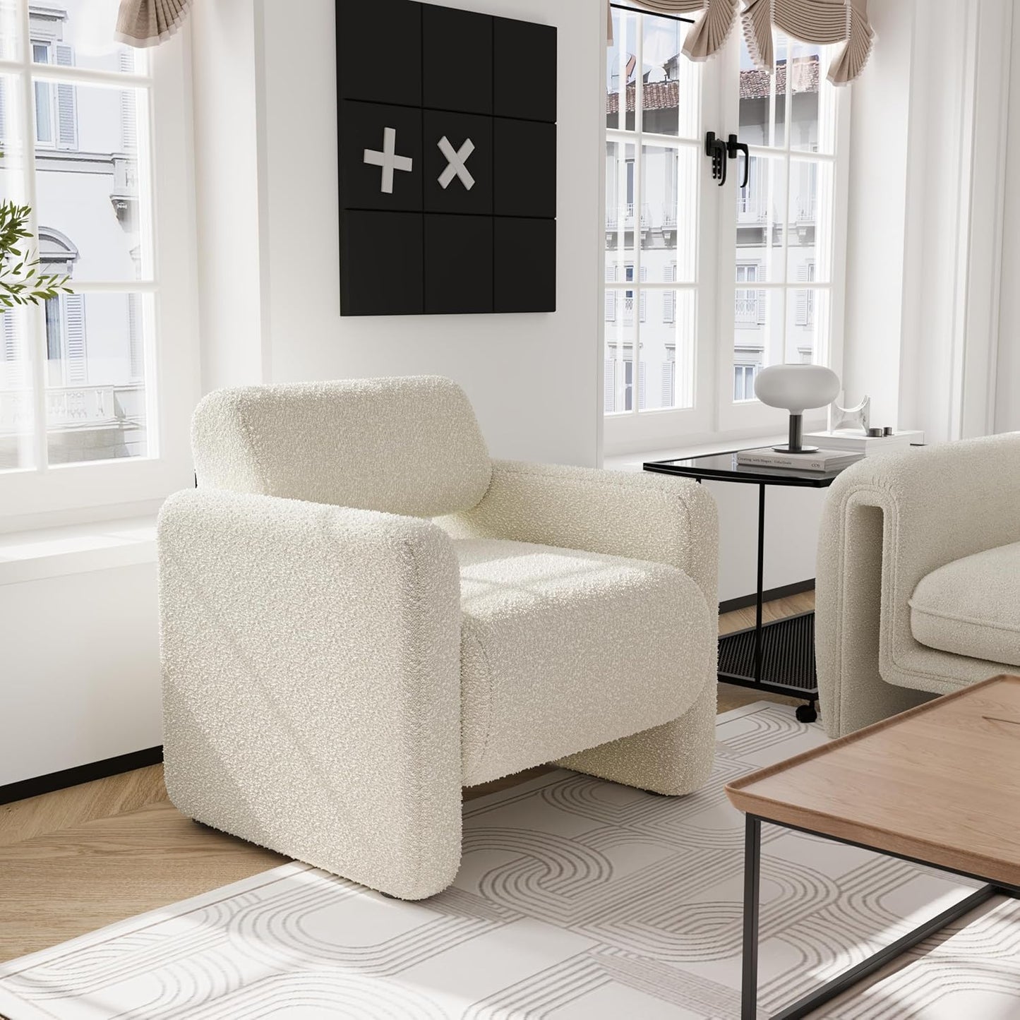 Accent Chair, Modern Boucle Fabric Armed Chair, Comfortable Single Sofa Chair for Living Room, Solid Wood Frame, Comfy Side Chair for Bedroom, Office, Reading (Beige)