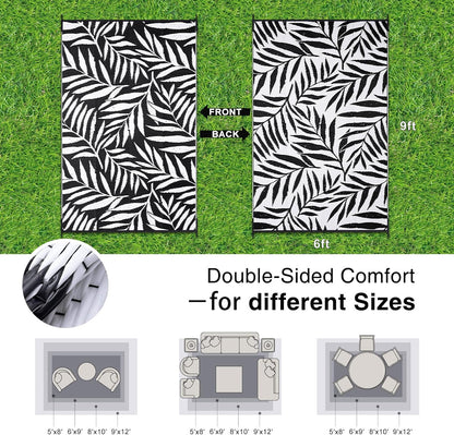 OLANLY Waterproof Outdoor Rug 6x9 ft, Reversible Outdoor Plastic Straw Rug with Leaf Pattern, RV Mat, Indoor Outdoor Carpet for Patio, Camping, Balcony, Deck, Backyard, Black & White