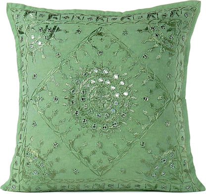 Eyes of India Embroidered Decorative Boho Throw Pillow Cover with Mirrors, Handmade Bohemian Accent Cushion Case for Sofa Couch Bedroom Living Room (Green, 24" x 24")