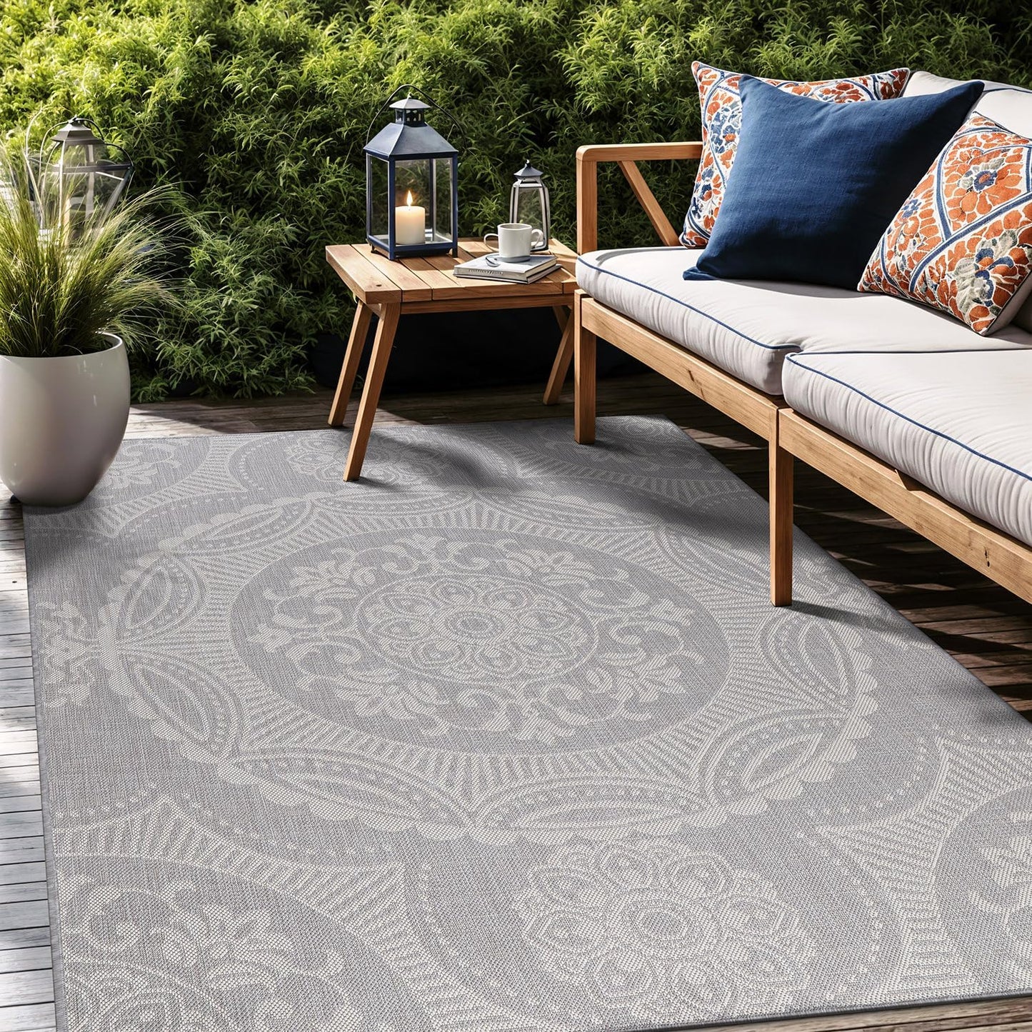 Medallion Outdoor Rug 8x10 Washable Outside Carpet for Indoor Patio Porch Waterproof Easy Cleaning Non Shedding Area Rugs Gray 8 x 10