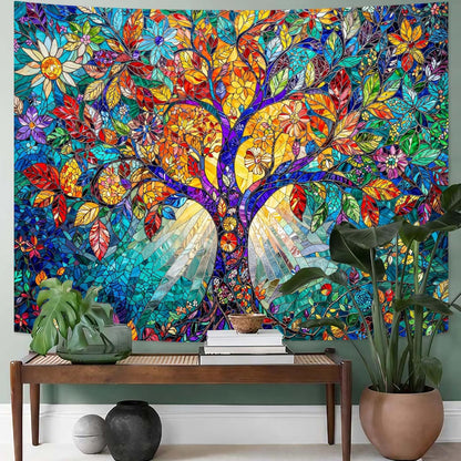 Lunerfex Tree of Life Tapestry Stained Glass Tapestry Wall Decor Tapestries for Bedroom Art Tapestries Wall Hanging for Bedroom Living Room Glass-Tree-02 60"x80"
