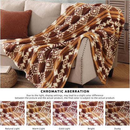 CASAAGUSTO Boho Sherpa Throw Blanket, Aztec, Ultra Soft, Warm, Cozy, Plush, Thick Fleece Bohemian Throw Blanket for Couch, Bed, Sofa (Terracotta 50 * 60 Inch)
