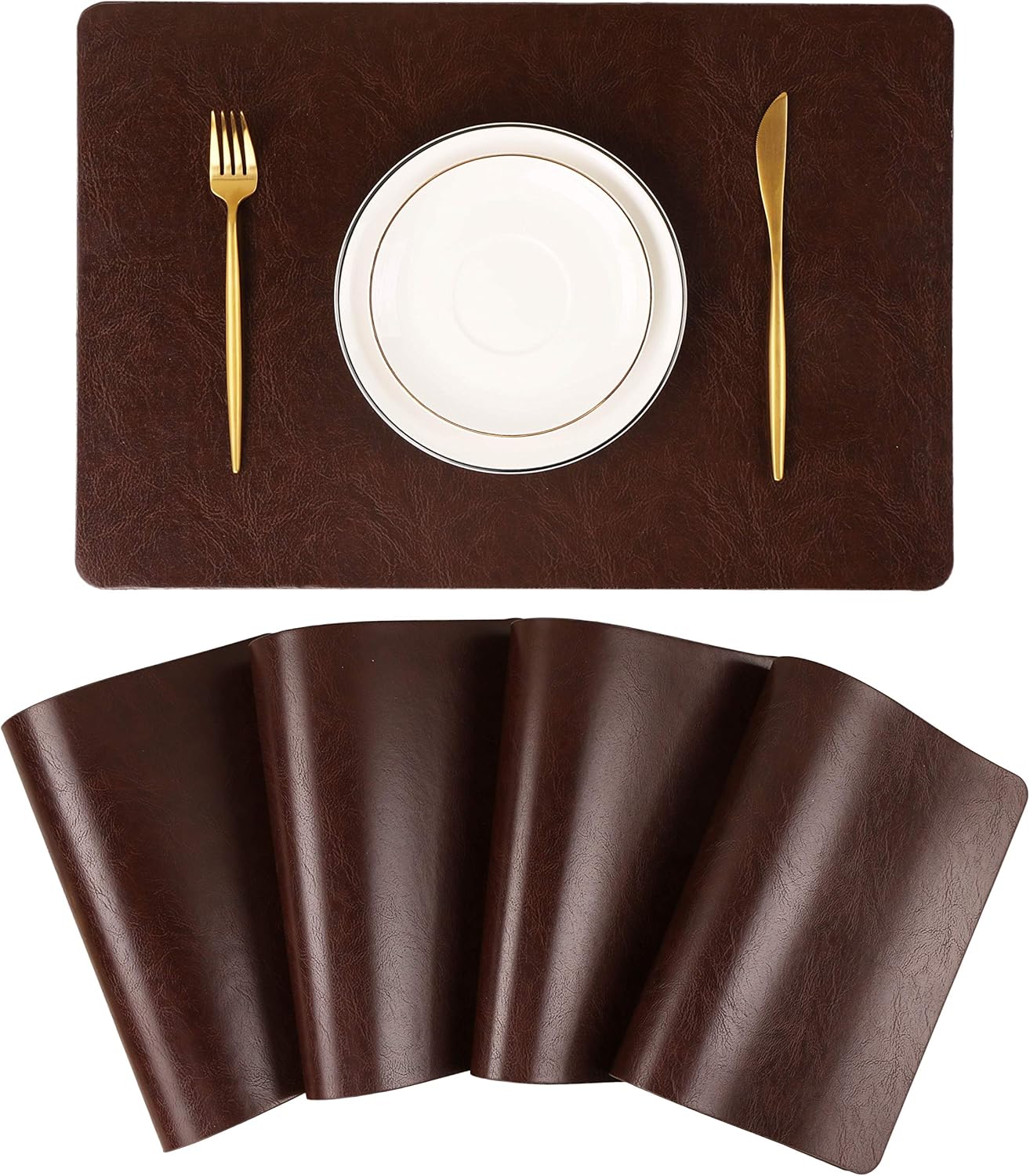 Faux Leather Placemats, Set of 4 PU Table Mats, Easy to Clean, Heat & Stain Resistant for Office Conference Table,Dinging Home Decor F Dark Brown