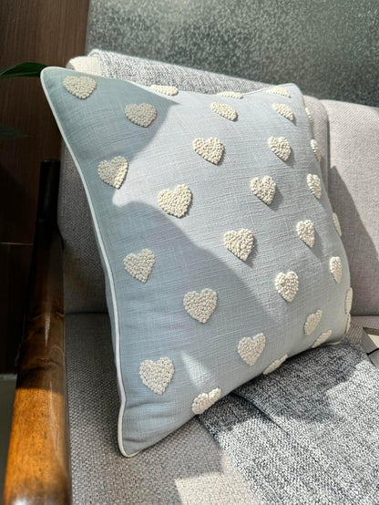 VAGMINE Hand Embroidered French Knotted Hearts Pillow Cover - 18x18 Inches Square - 100% Cotton Robins Egg Decorative Cushion Cover - Romantic Gift for Couples - Valentine’s Bedroom Decor