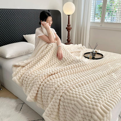 UKELER Sherpa Bed Blankets 80 × 90 inch, Ultra Soft Queen Size Throw Blanket for All Season, 470 GSM Cozy Plush Striped Fleece Blanket for Bedroom Living Room Dorm Hostel Sofa Camping, Off White