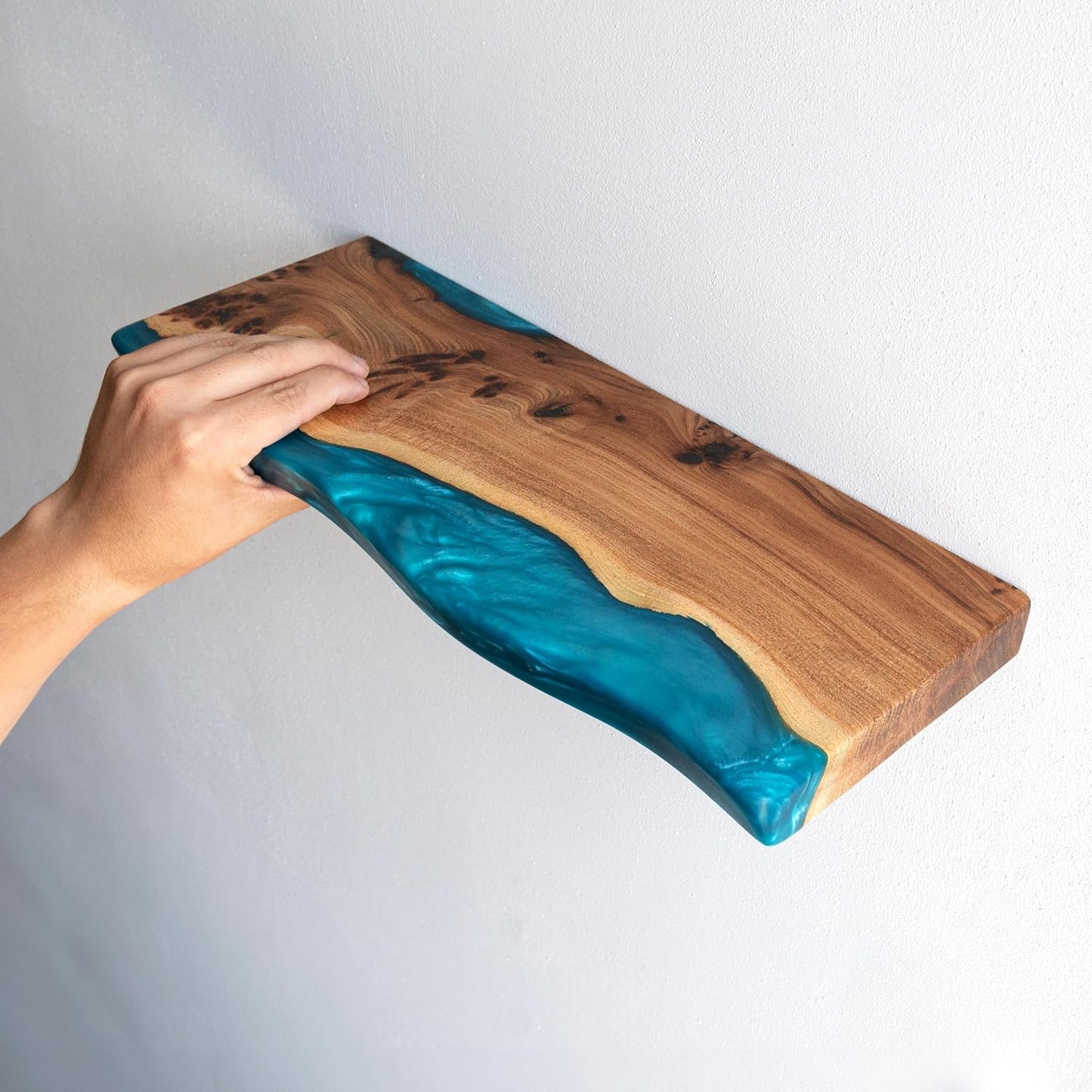 RWA Unique Live Edge Floating Shelf for Wall - Stylish Hanging Shelves for Room Wall Bedroom Bathroom Office Decor, Epoxy and Wood Wall Shelf Plank - Elegant Wall Mounted Shelves (sky blue, 16x6")