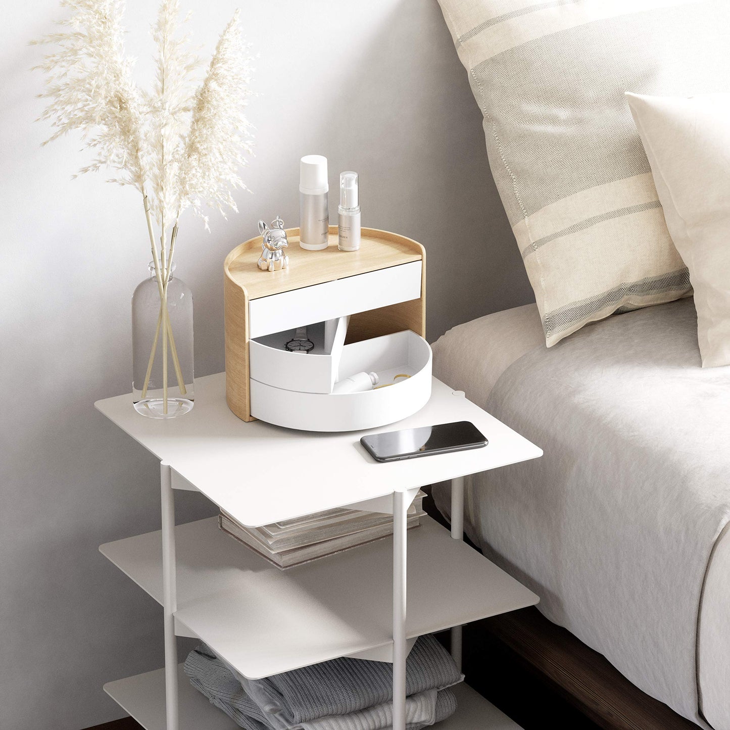 Umbra Moona Jewelry Box, Rotating Wood Jewelry Organizer, White/Natural