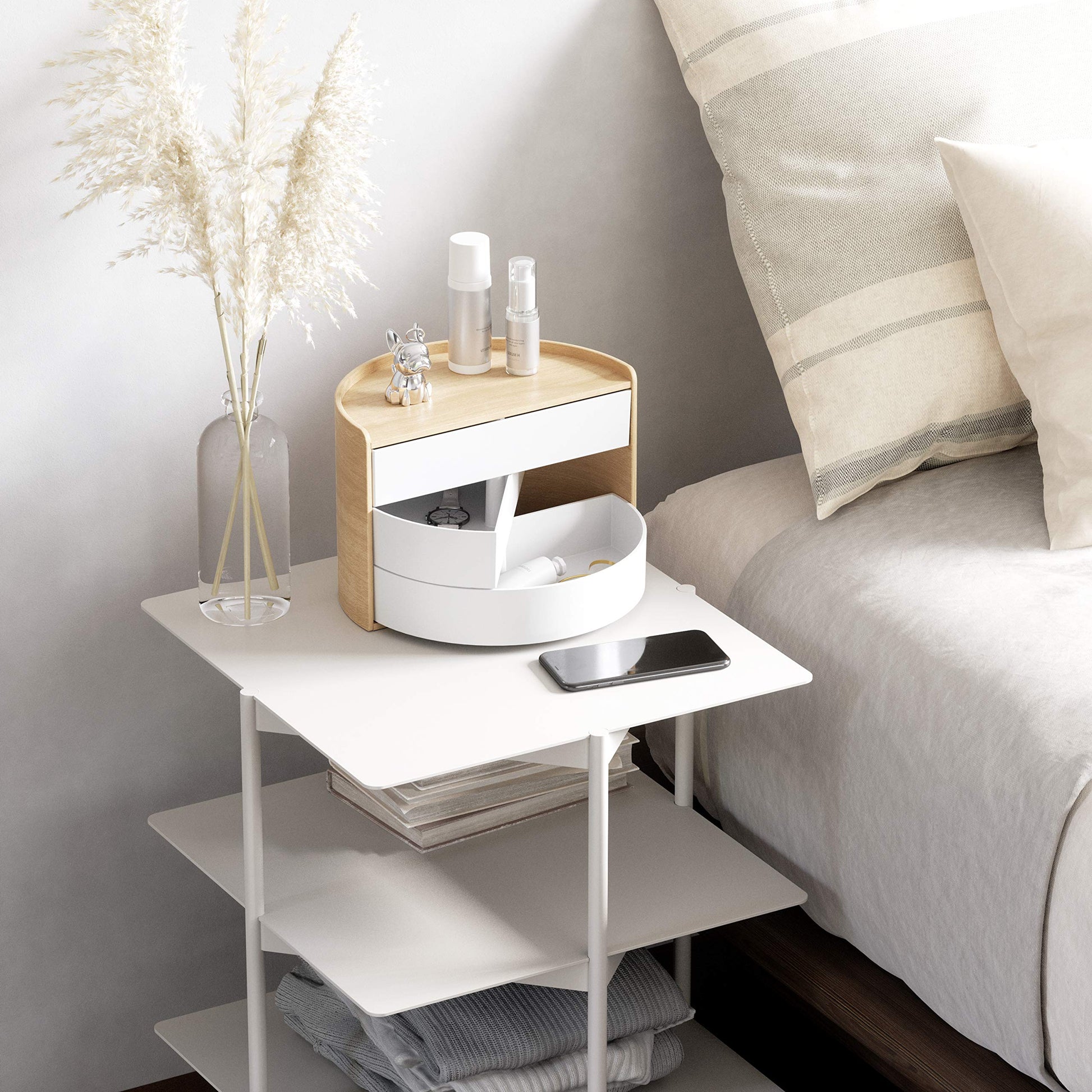 Umbra Moona Jewelry Box, Rotating Wood Jewelry Organizer, White/Natural