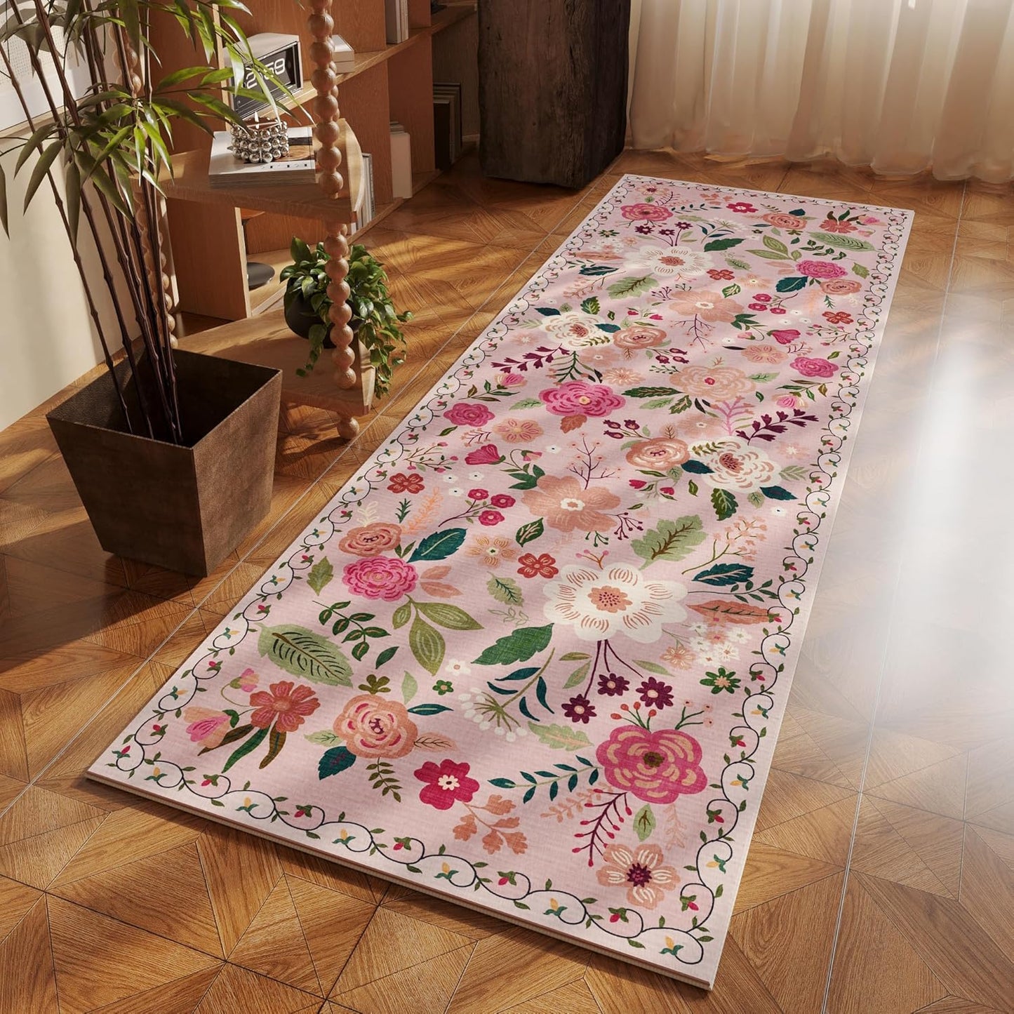 Runner Rug for Hallways Kitchen Rug Non Slip 2'6''x8' Washable Runner Rugs with Rubber Backing Soft Floral Carpet Runner for Hallways, Kitchen, Laundry, Bedroom, Bathroom(Pink)