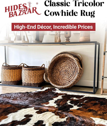 Tricolor Cowhide Rug Classic Brown, Black and White Color Mix, Natural Leather Hide, Area Rug (5x7 ft)