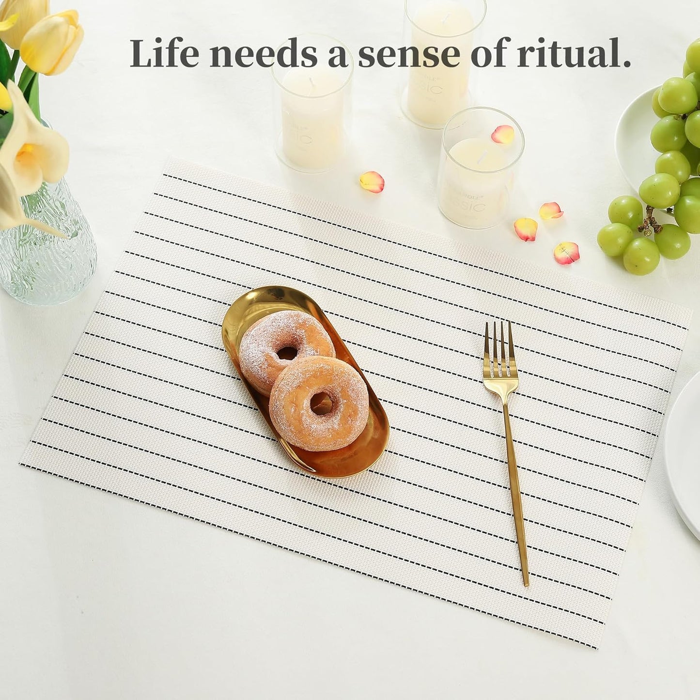 Leetaltree White with Black Stripes Placemats Set of 4 - Heat Resistant Non-Slip Place mats for Dining Table, Washable Durable PVC Vinyl Woven Table Mats（White Stripes, 4）