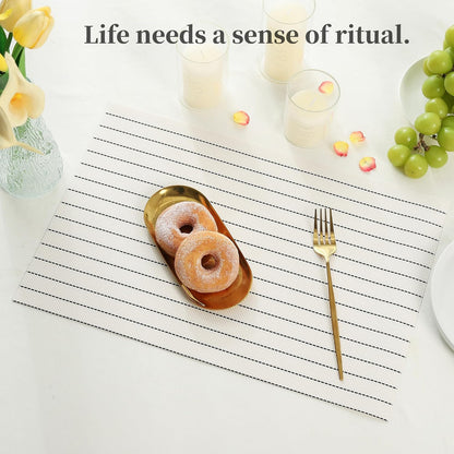 Leetaltree White with Black Stripes Placemats Set of 4 - Heat Resistant Non-Slip Place mats for Dining Table, Washable Durable PVC Vinyl Woven Table Mats（White Stripes, 4）