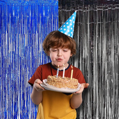 Foil Fringe Curtain Party Decorations - Black Blue Metallic Tinsel Photo Booth Backdrop Party Steamers Curtains for Birthdays Christmas New Years Homecoming Decoration