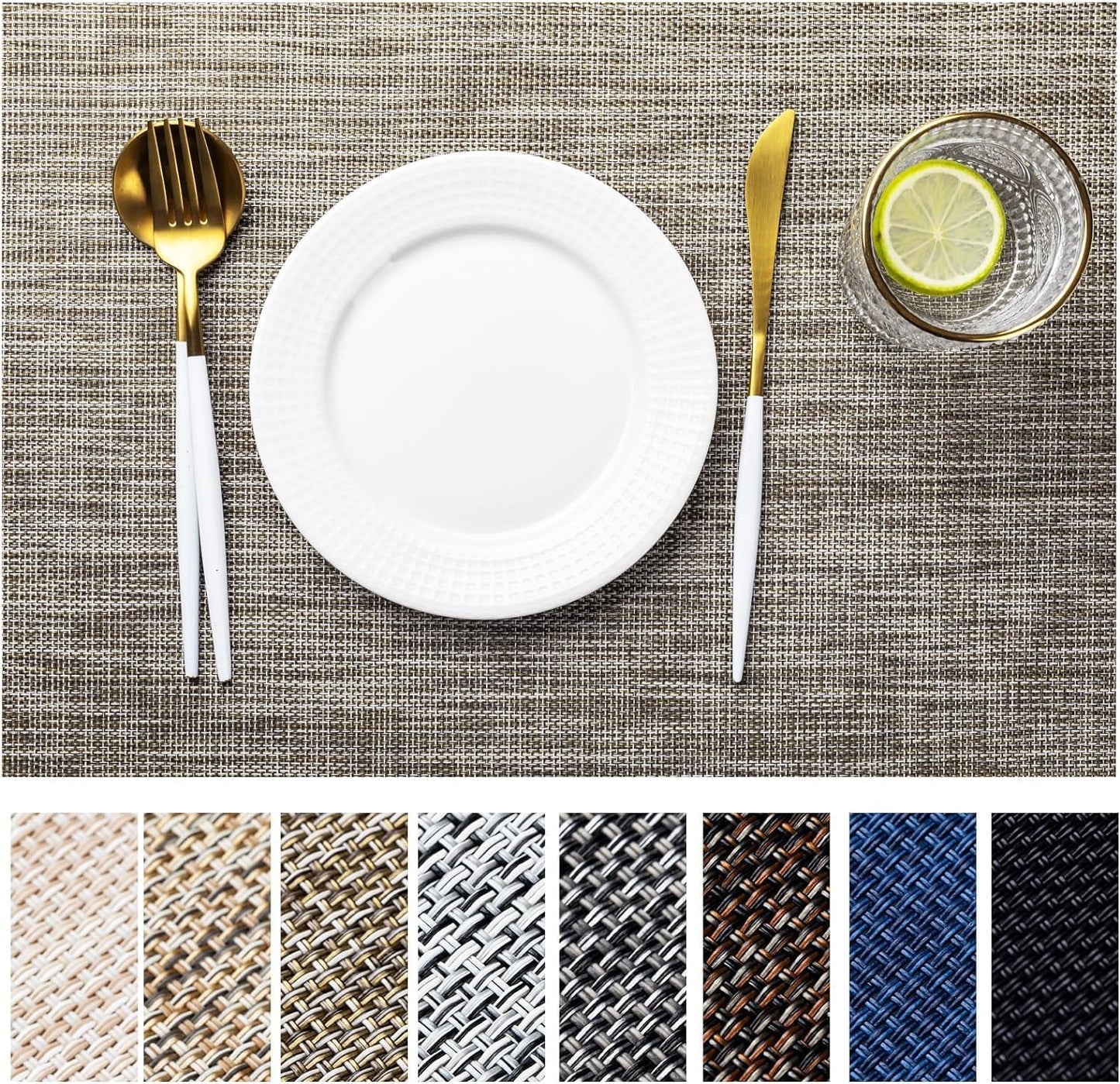 LEXMORE Placemats Set of 6 Vinyl/Plastic Woven Place Mats for Kitchen Table Indoor/Outdoor Washable Placemat Wipeable Dining Table Mats(A-Cappuccino)
