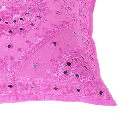 Eyes of India Embroidered Decorative Boho Throw Pillow Cover with Mirrors, Handmade Bohemian Accent Cushion Case for Sofa Couch Bedroom Living Room (Pink, 16" x 16")