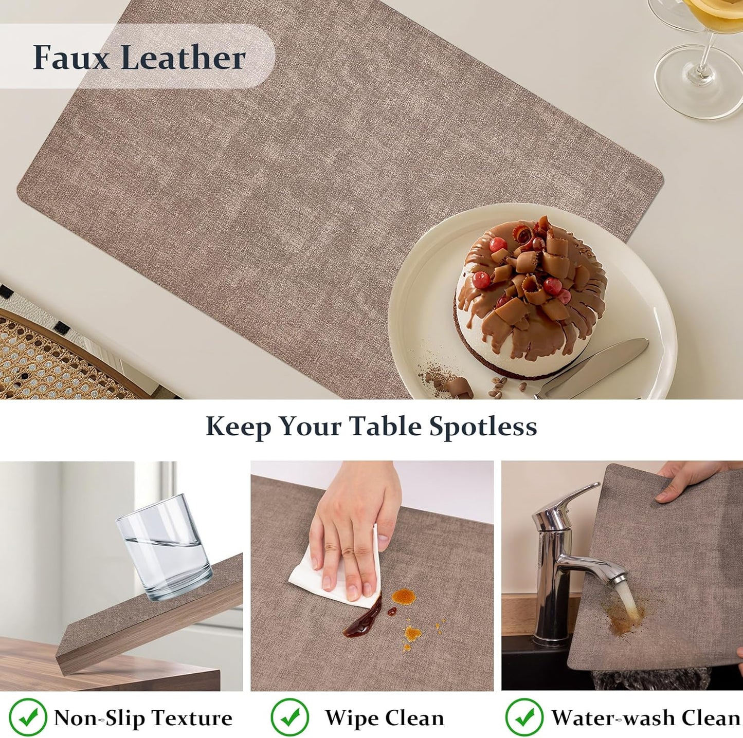 FROMHEART Faux Leather Placemats Set of 8–Waterproof,Heat/Oil Stain-Resistant PU Table Mat–Reversible,Non-Slip,Easy to Clean Place Mats for Kitchen,Dining,Indoor/Outdoor,(Dark Coffee,11.8" x 17")