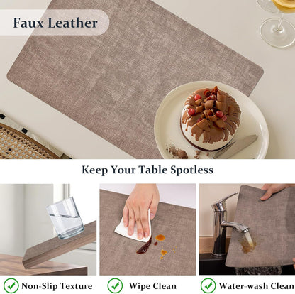 FROMHEART Faux Leather Placemats Set of 12–Waterproof,Heat/Oil Stain-Resistant PU Table Mat–Reversible,Non-Slip,Easy to Clean Place Mats for Kitchen,Dining,Indoor/Outdoor,(Dark Coffee,11.8" x 17")