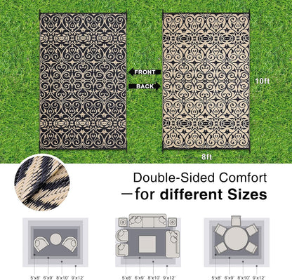 OLANLY Outdoor Rug Waterproof 8x10 ft Clearance, Reversible Outdoor Plastic Straw Rug with Floral Pattern, RV Mat for Patio, Camping, Balcony, Deck, Backyard, Black & Beige
