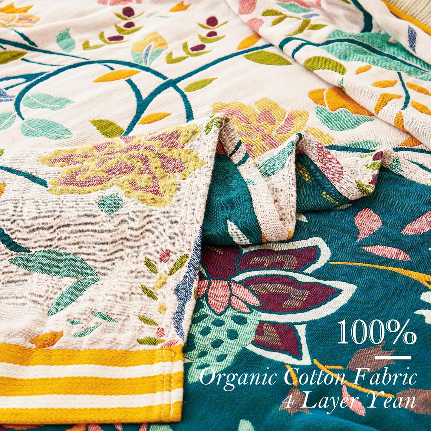 Boho Throw Blanket, 100% Organic Cotton Breathable Ultra Soft 80" x 90" Bed Quilt Throw - All Season Floral Rustic Farmhouse Decor Luxury Reversible Blanket for Sofa Couch Chair and Gift