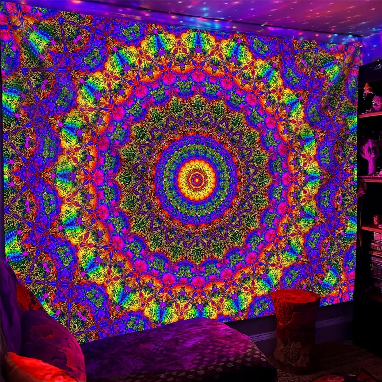 PSYHILAR Blacklight Mandala Boho Tapestry, Black Light Bohemian Hippie Poster for Adults and Teens, Aesthetic Colorful UV Reactive Wall Art Decor for Bedroom (90 x 70 Inches)