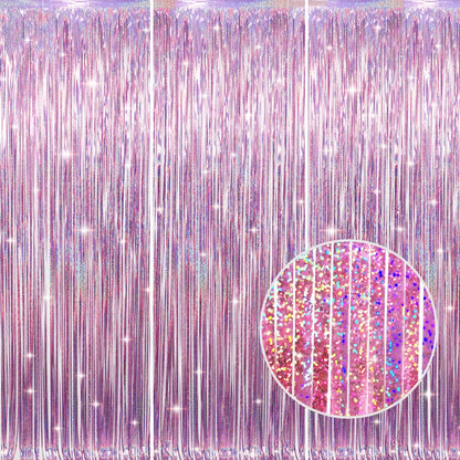 GOER 3.2 ft x 8.2 ft Metallic Tinsel Foil Fringe Curtains Party Photo Backdrop Party Streamers for Birthday,Graduation,New Year Eve Decorations Wedding Decor(3 Packs,Laser Pink)