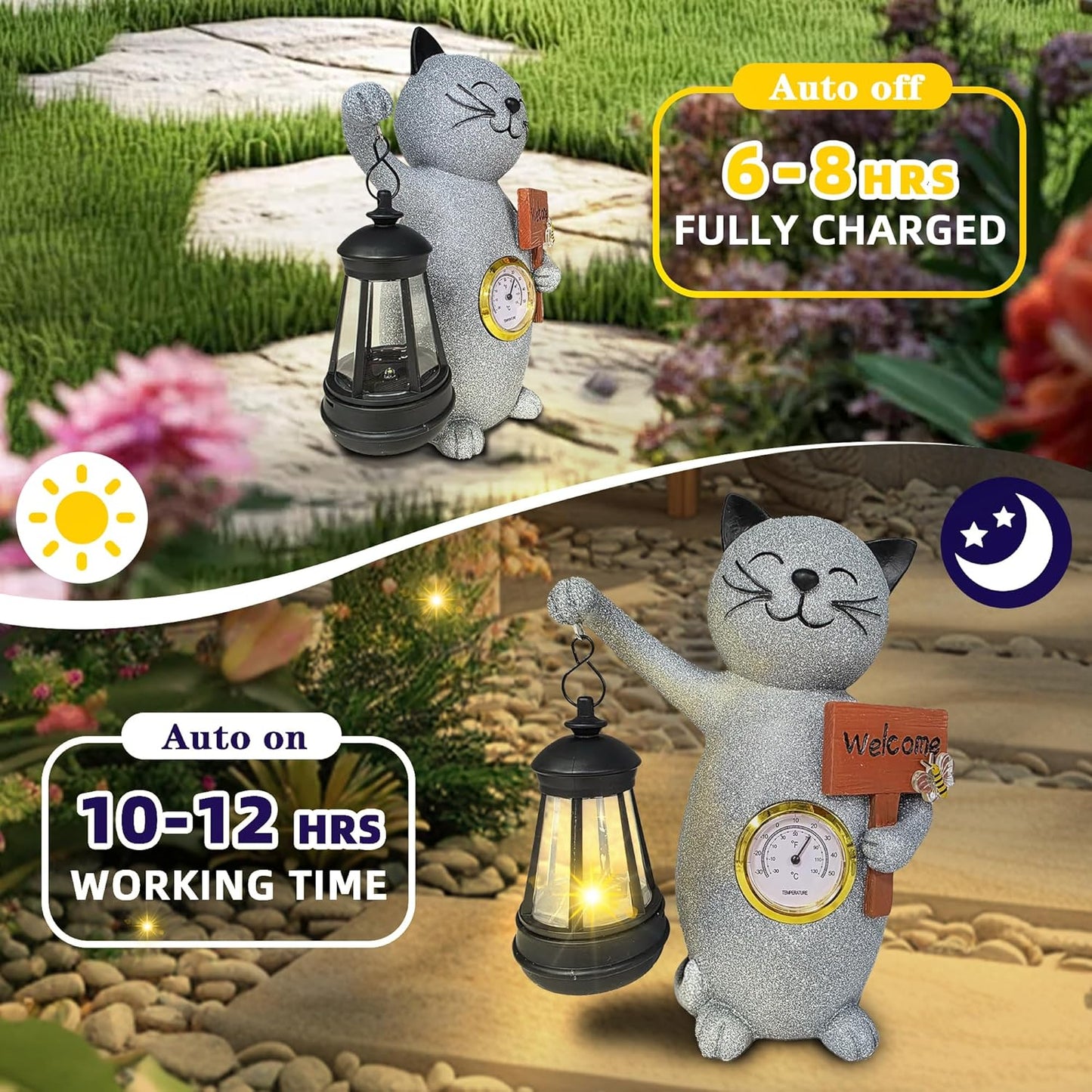 Solar Cat Outdoor Statues for Garden-Creative Thermometer-Lantern-Welcome Sign, Suitable for Yard Art, Lawn Ornaments, Porch, Terrace, Alcove, Home, House Outdoor, Cat Garden Decoration