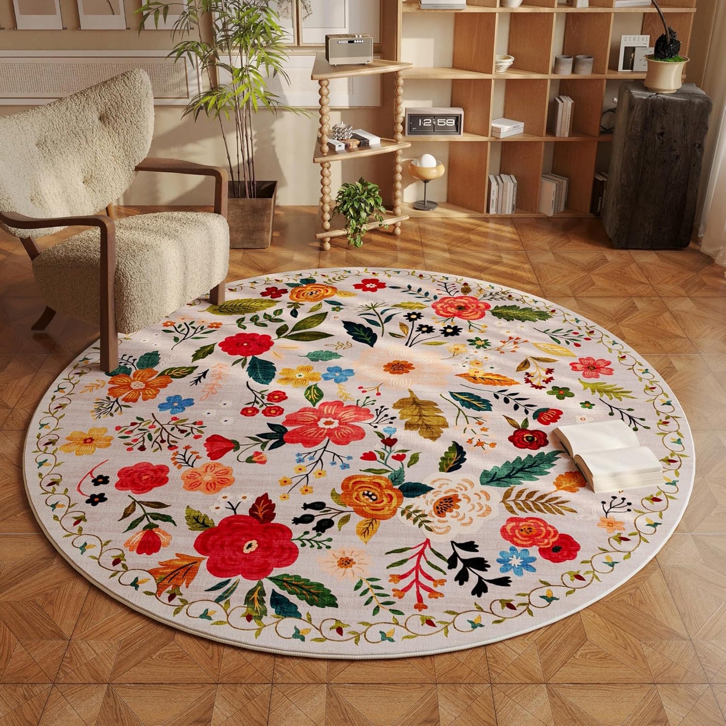 Round Rug 6ft Washable Circle Rug Non Slip Low Pile Boho Floral Small Circular Rug for Bedroom, Bathroom, Entryway, Kids Room, Office, College Dorm(Beige)
