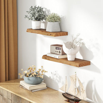 24" Floating Shelves, Live Edge Solid Elm Wood Floating Shelf, Wall Mounted Display Shelves with Heavy-Duty Bracket for Books, Rustic Wooden Shelf for Kitchen, Bathroom, Natural Color, Set of 2