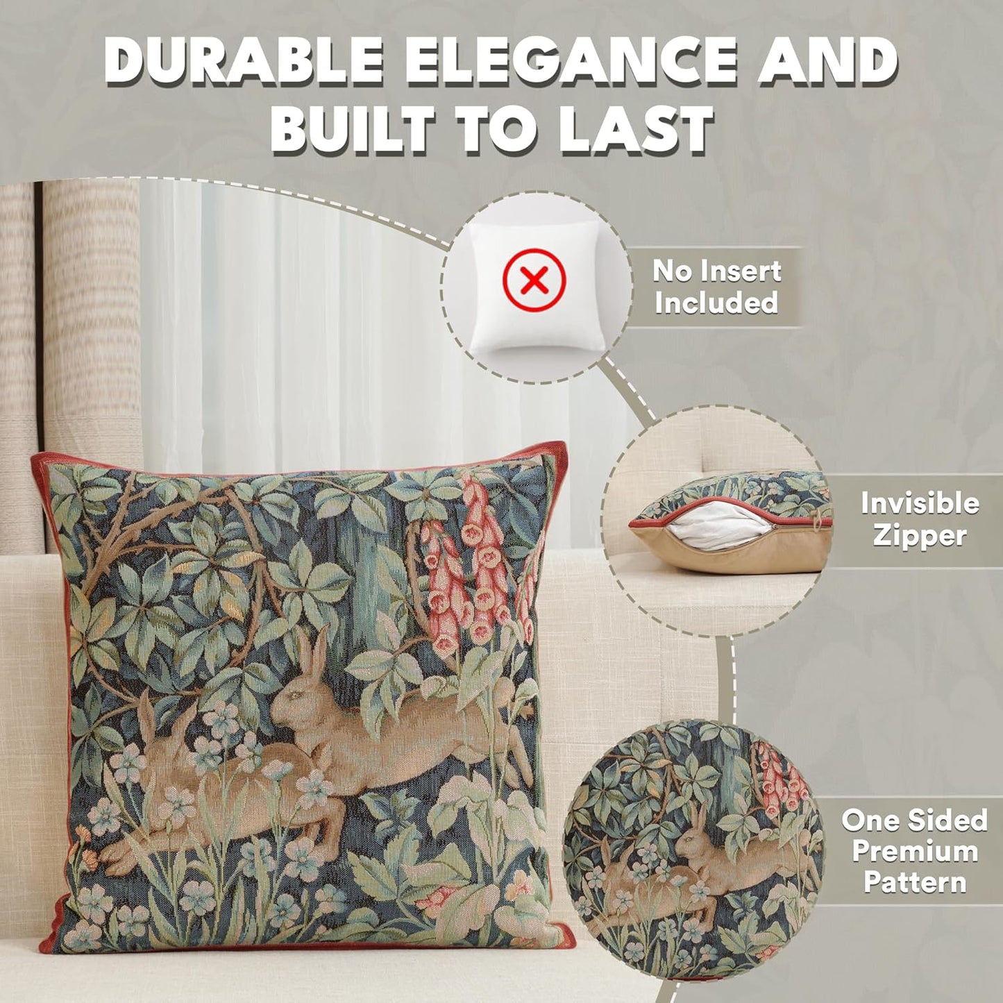 Charlotte Home Furnishings Decorative Tapestry Pillow Cover 19x19 in, Green Hares Couch Throw Pillow Cover, French Country Square Cushion Cases for Living Room Home Decor, Soft Cotton Jacquard Woven